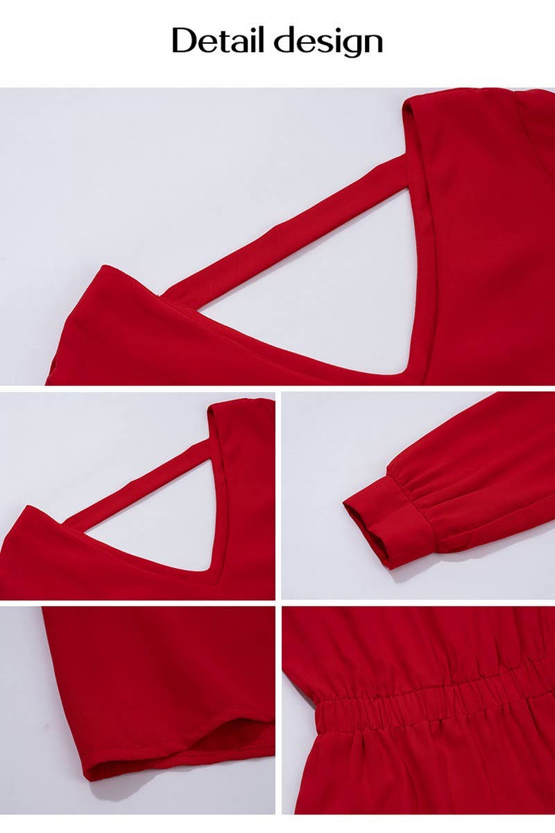 CWDSD5613_V-NECK SOLID COLOR PUFF SLEEVE DRESS