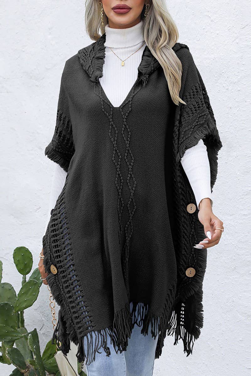 CWOSWL6438_V-NECK FRINGED HOODED MID-LENGTH CAPE KNITTED TOP