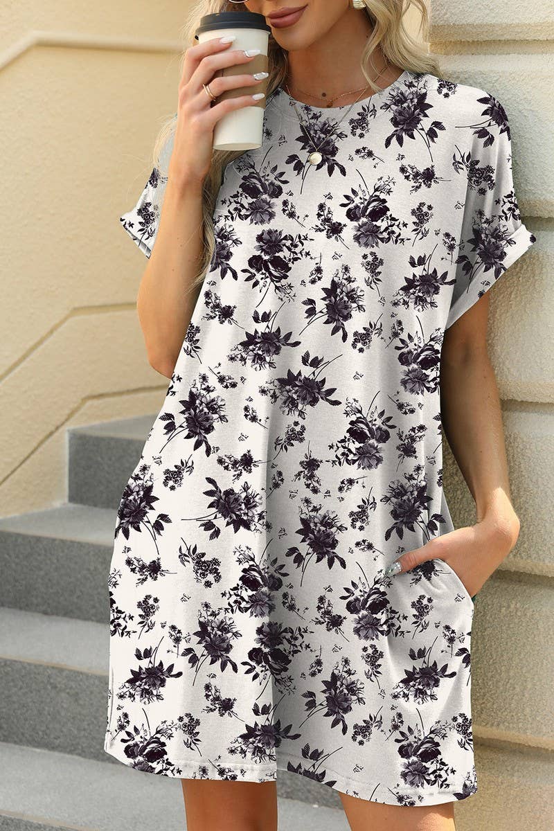 CWDSD7291_PRINTED CREW NECK SHORT SLEEVE POCKET DRESS