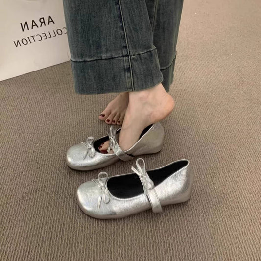 Silver Bow Wedge Mary Janes Fairy Wedding Shoes