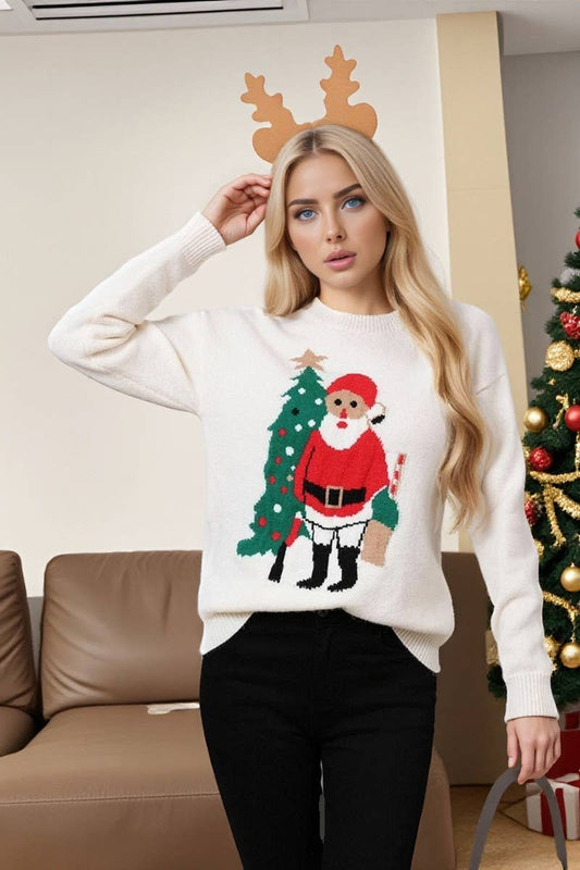 CWOSWL07568_CREW NECK JACQUARD CHRISTMAS KNIT SWEATER
