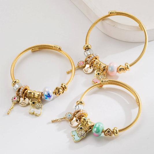 Trendy Elephant Key Letter Beaded Steel Bracelet
