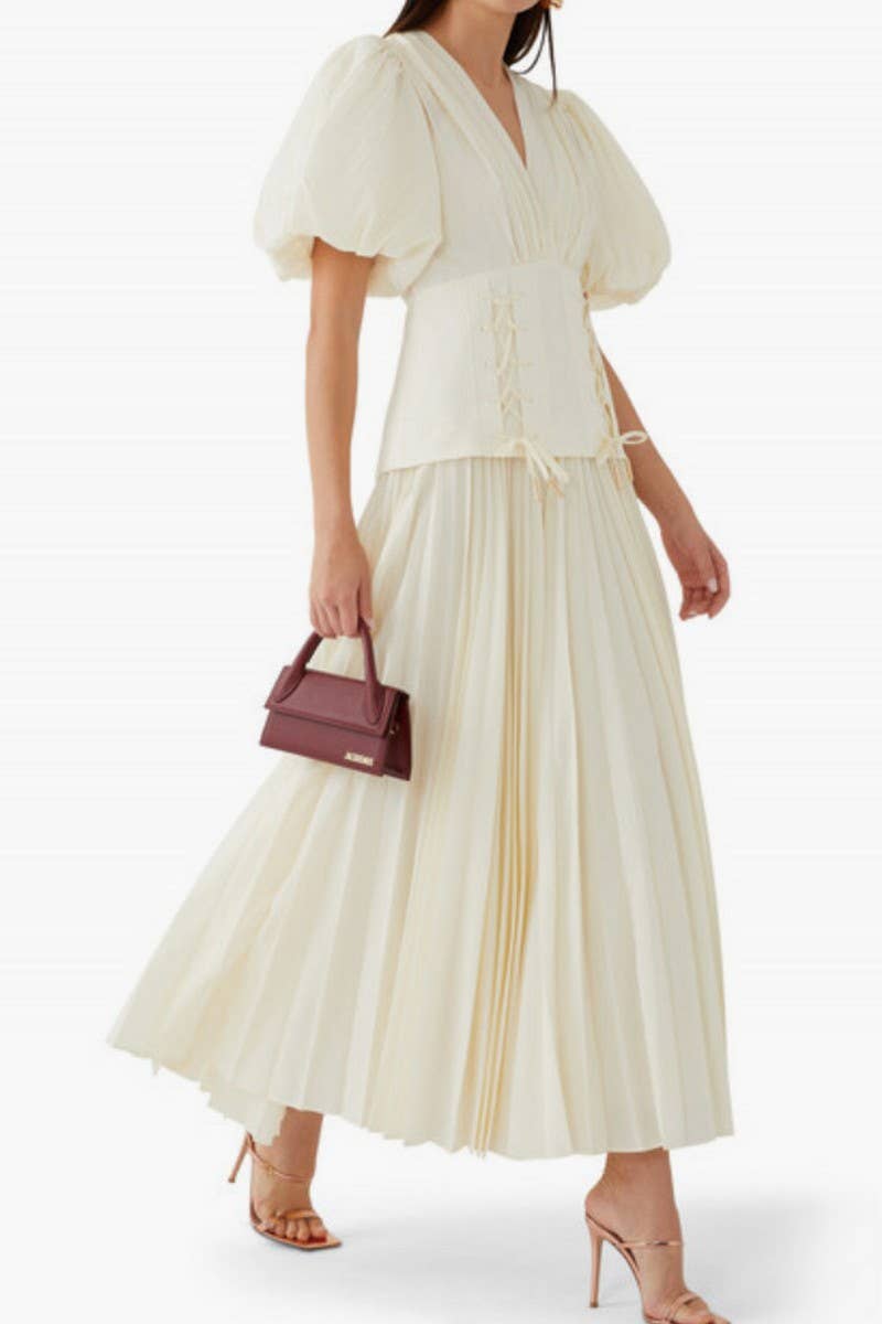 CWDMD5728_CASUAL SOLID COLOR V-NECK LACE-UP DRESS