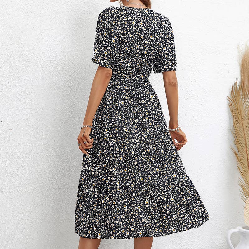 LAPEL FASHION PRINT SLIM SHORT-SLEEVED DRESS