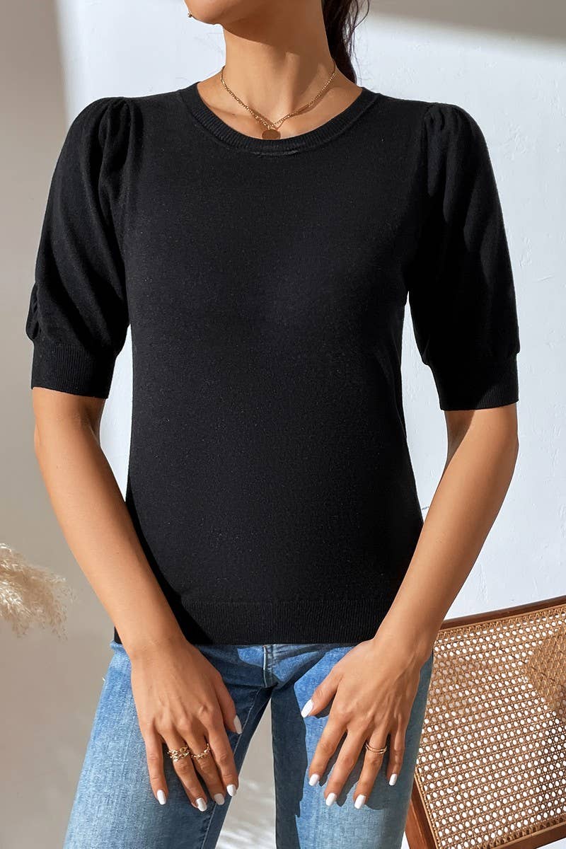 Cwtts0731_Crew Neck Puff Short Slv Soft Pullover Sweater
