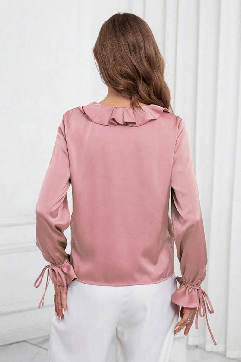 V-NECK RUFFLED CUFF SHIRT WITH RUFFLED HEM