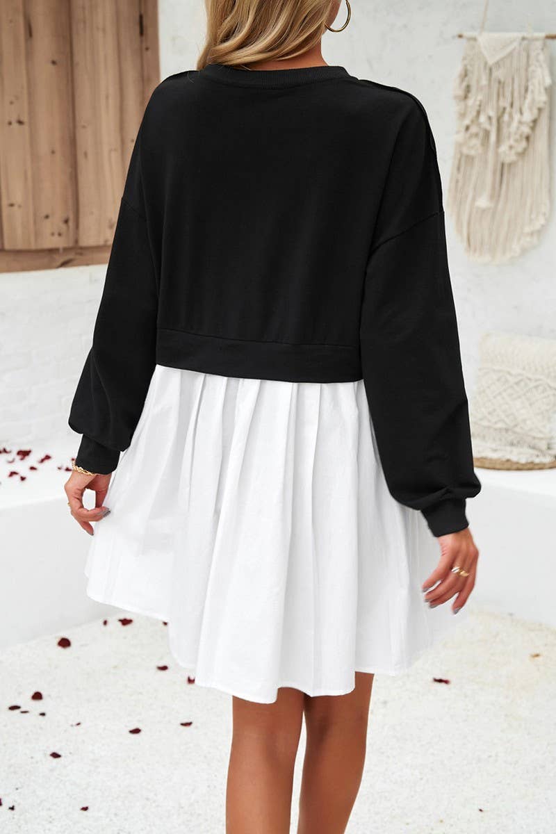 CWDSD2324_Round Neck Long Sleeve Patchwork Short Dress