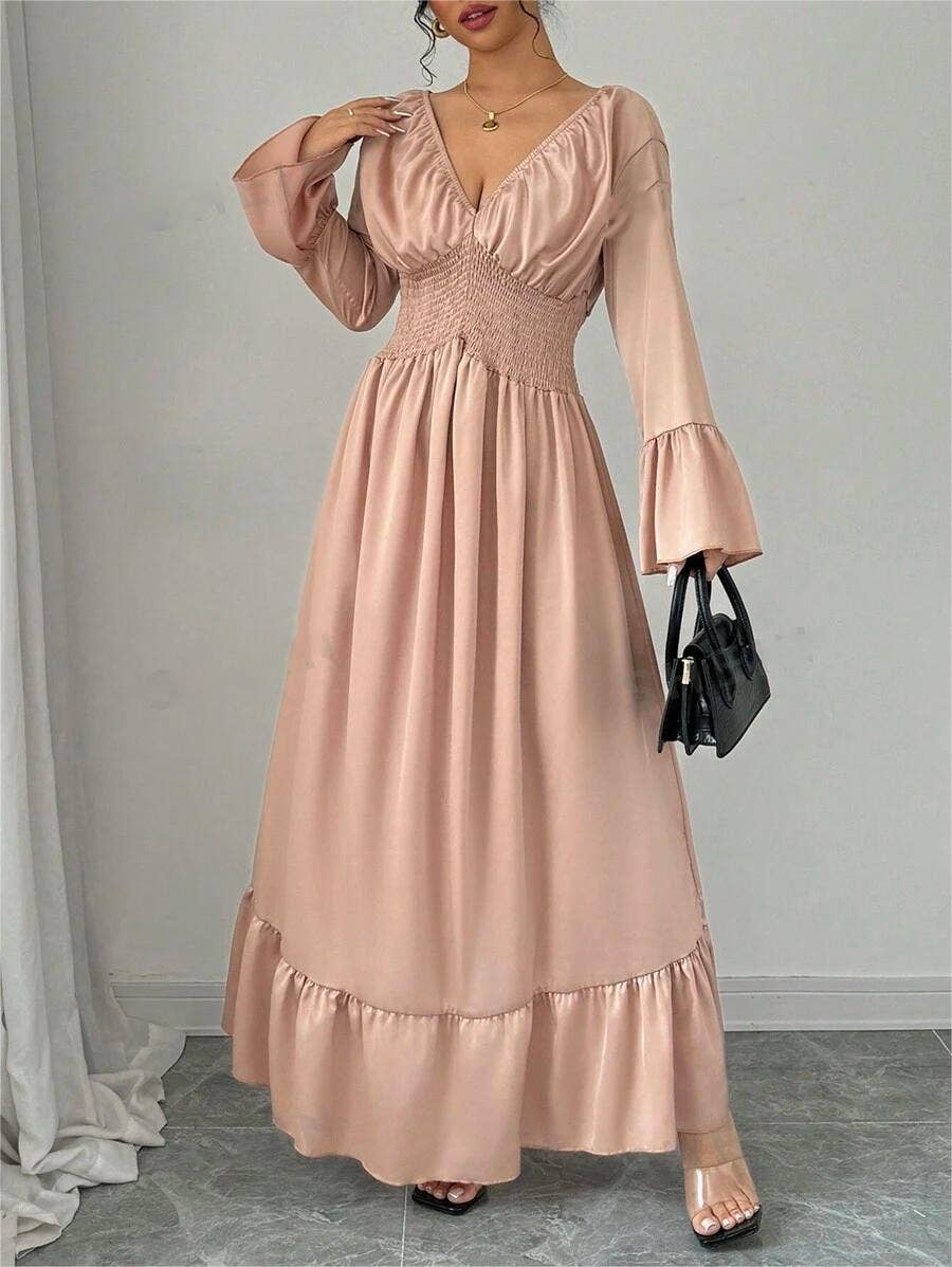 V-NECK WAIST ELEGANT SOLID COLOR LONG WAIST DRESS