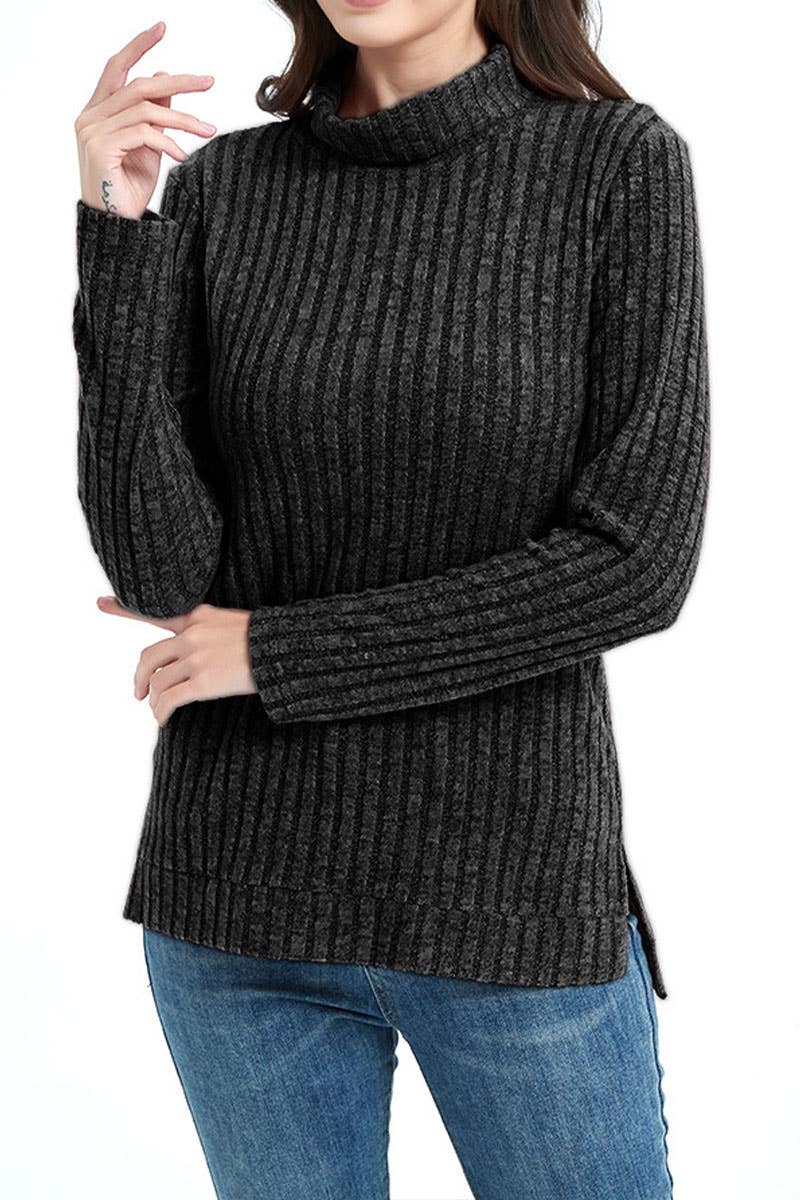 Stylish pit striped turtleneck solid color knitwear