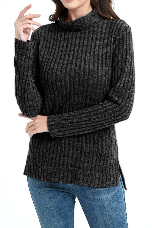 Stylish pit striped turtleneck solid color knitwear