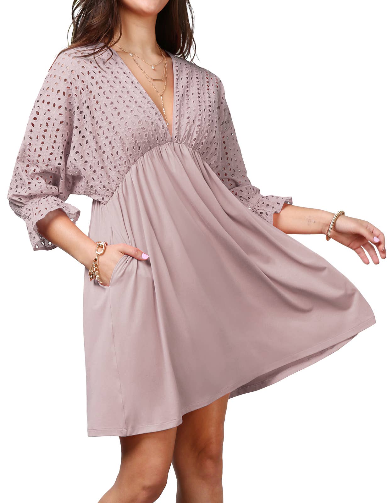 CWDSD10370_COTTON EYELET CONT BODICE WITH 3/4 SLEEVE DRESS