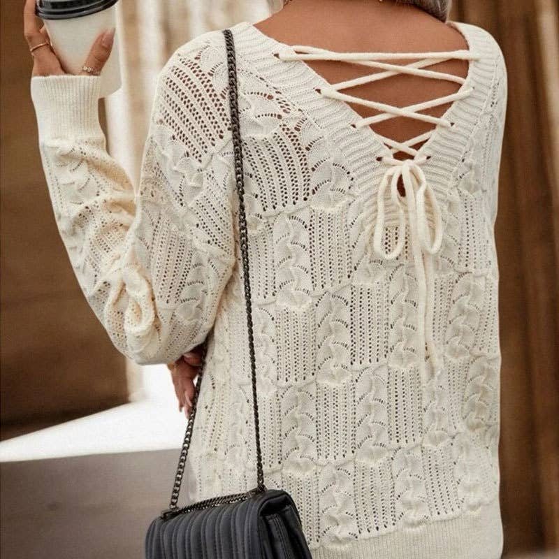 LACE-UP BACK HOLLOWED-OUT V-NECK EVERYTHING KNIT