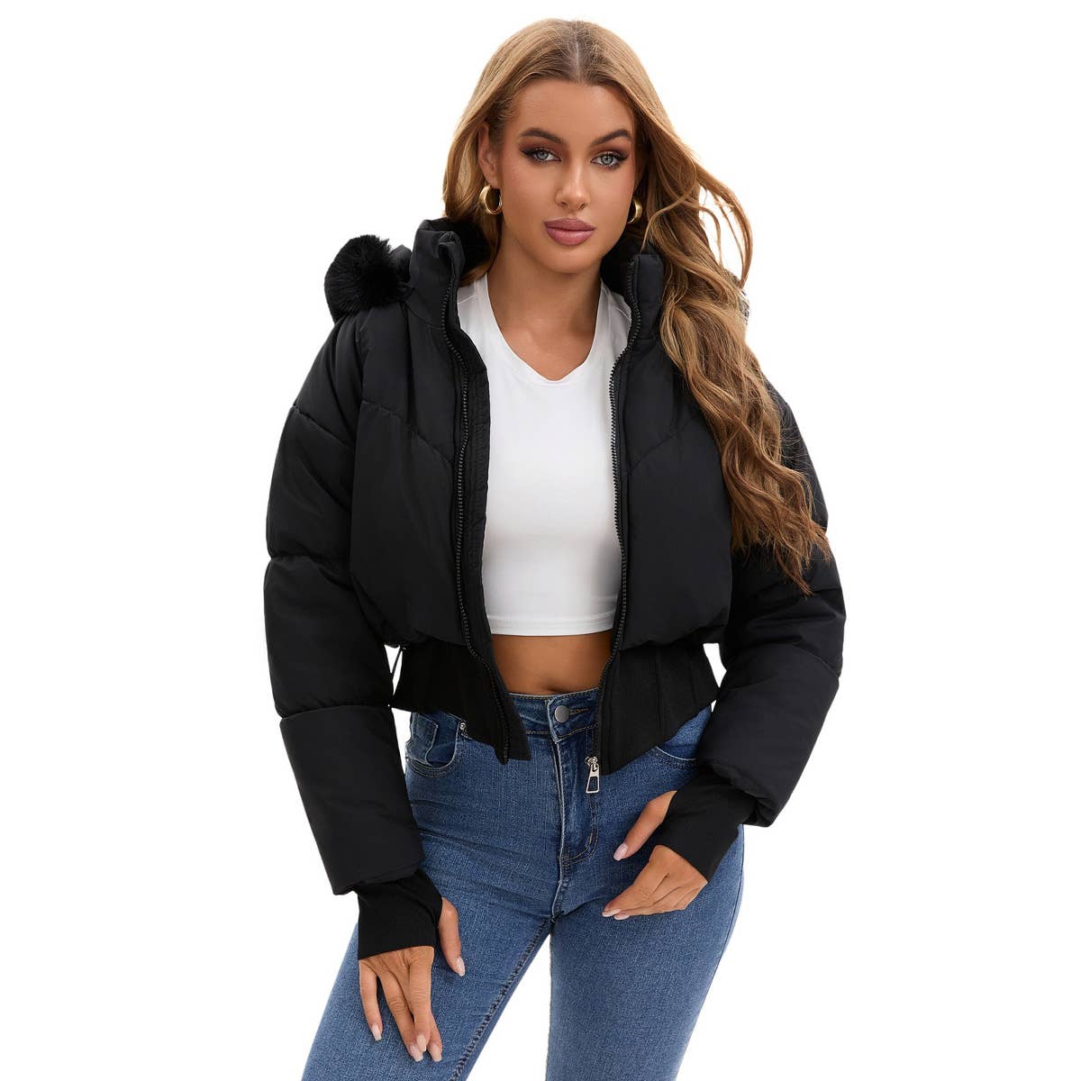 Thick cotton-padded jacket with a cinched waist
