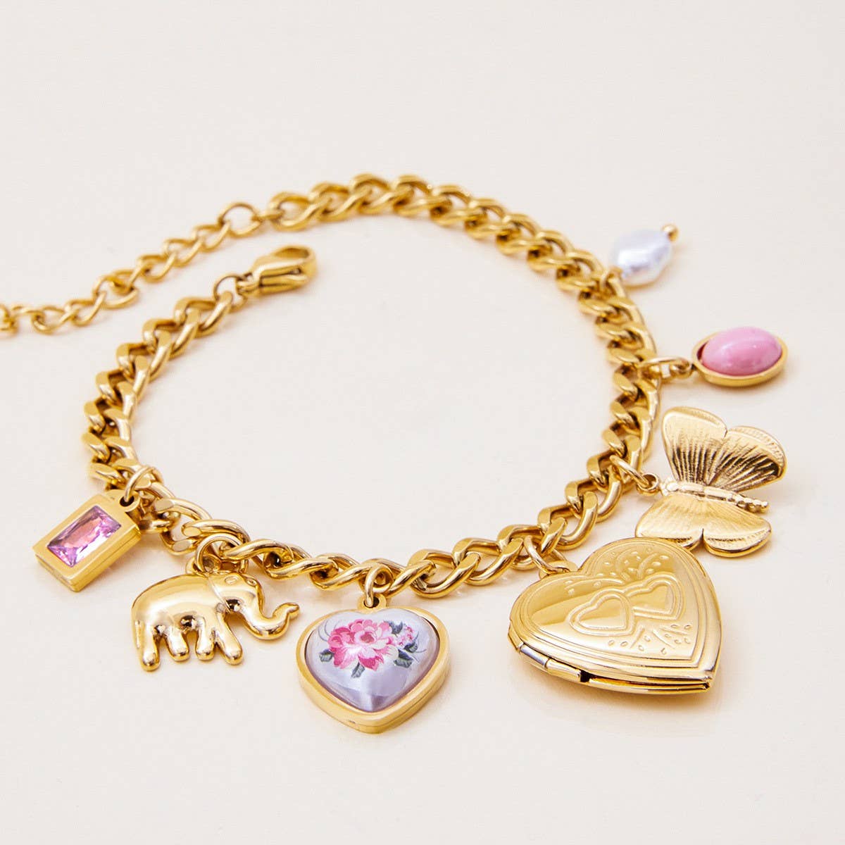 Romantic Pearl & Ceramic Heart Photo Bracelet