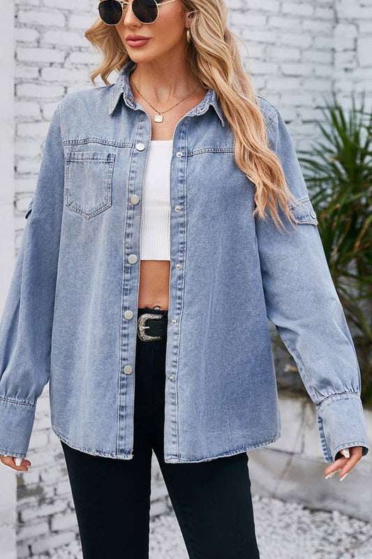 Four Button Long Sleeved Denim Shirt Top_Cwtstl1064