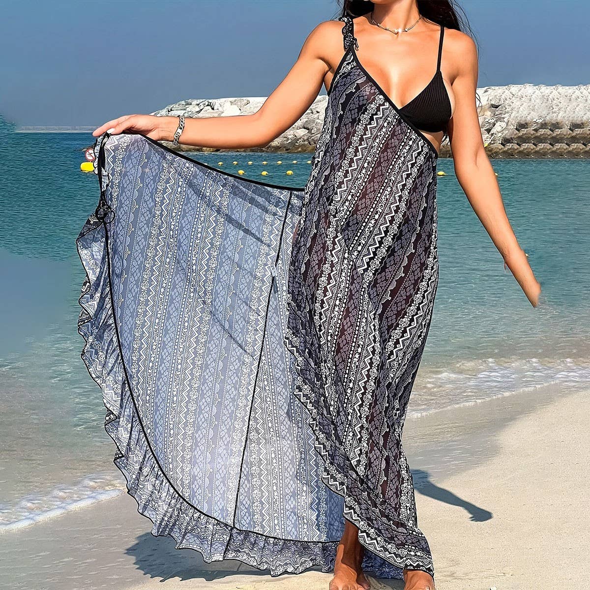 Floral Print Beach Dress Ruffled Hem SunProtection