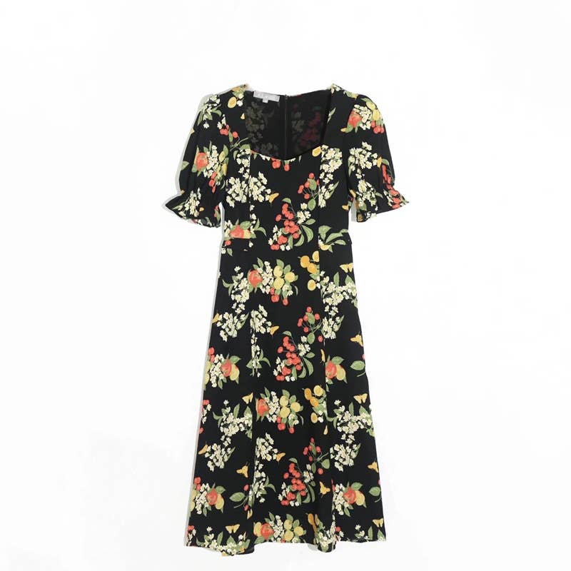 PUFFED SLEEVE V-NECK SQUARE COLLAR SLIT DRESS