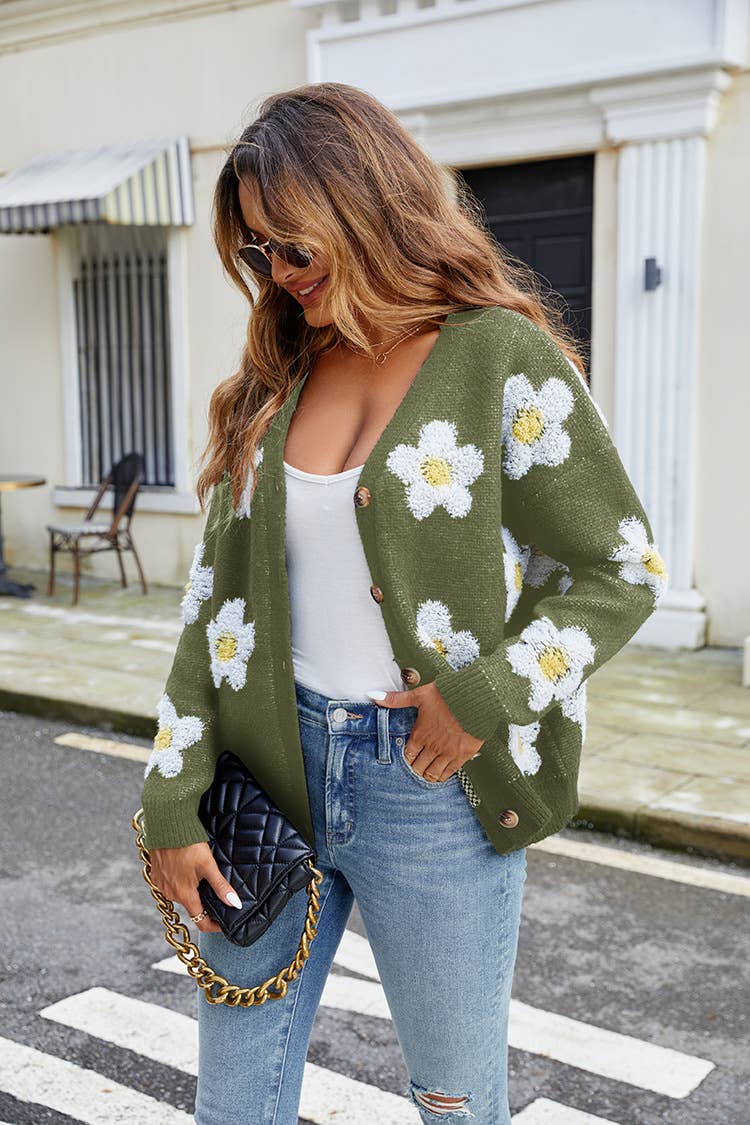 THREE-DIMENSIONAL FLOWER V-NECK CARDIGAN