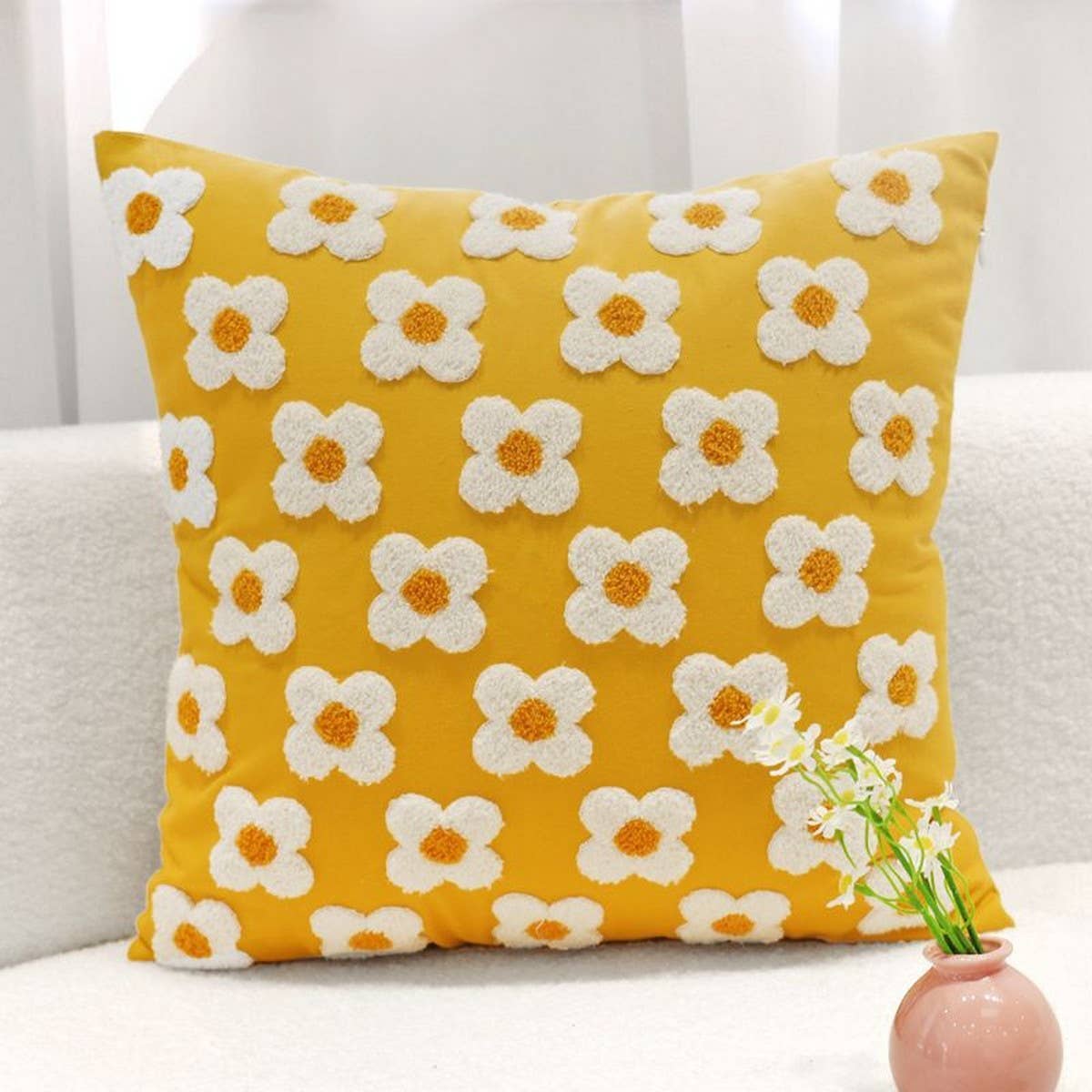 Yellow Floral Embroidered Pillow Cover for Sofa/Bed_CWMM7694