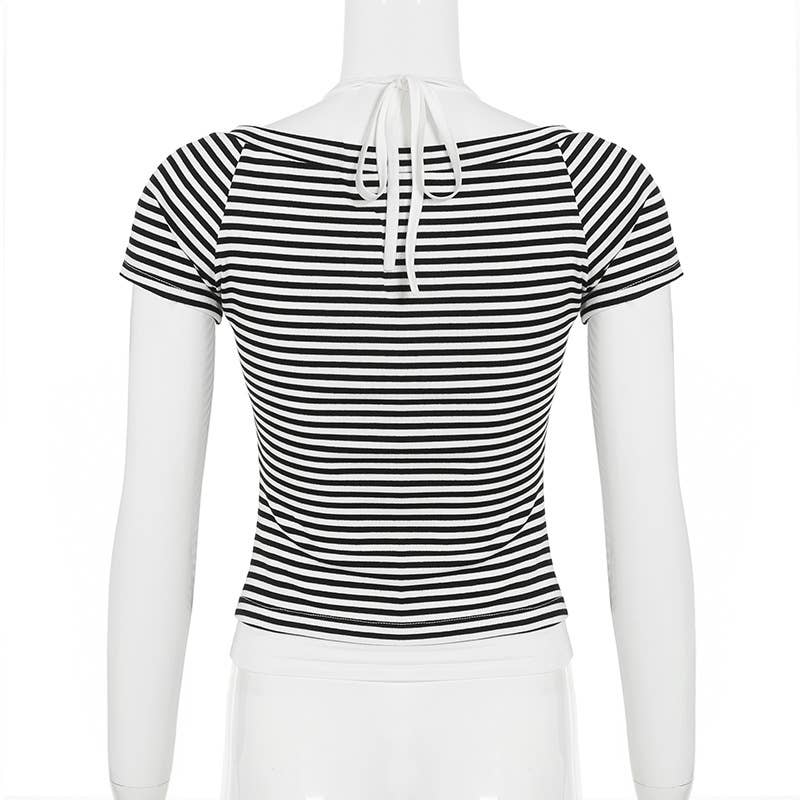 Striped color patchwork V-neck fake two T-shirts