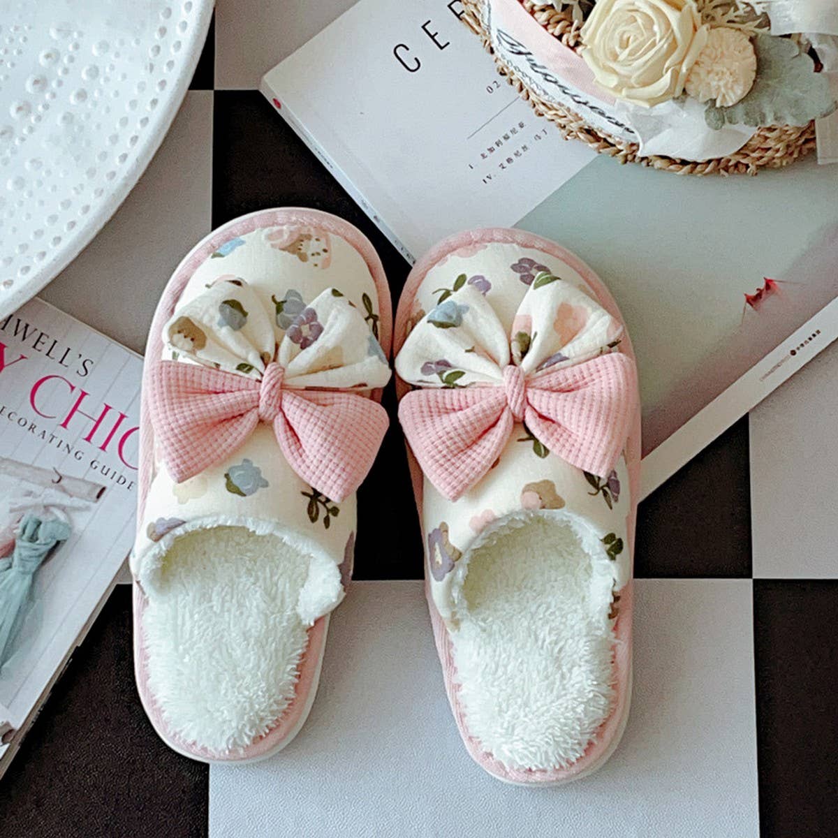 NEW FLORAL BOW WARM HOME SHOES FOR WOMEN