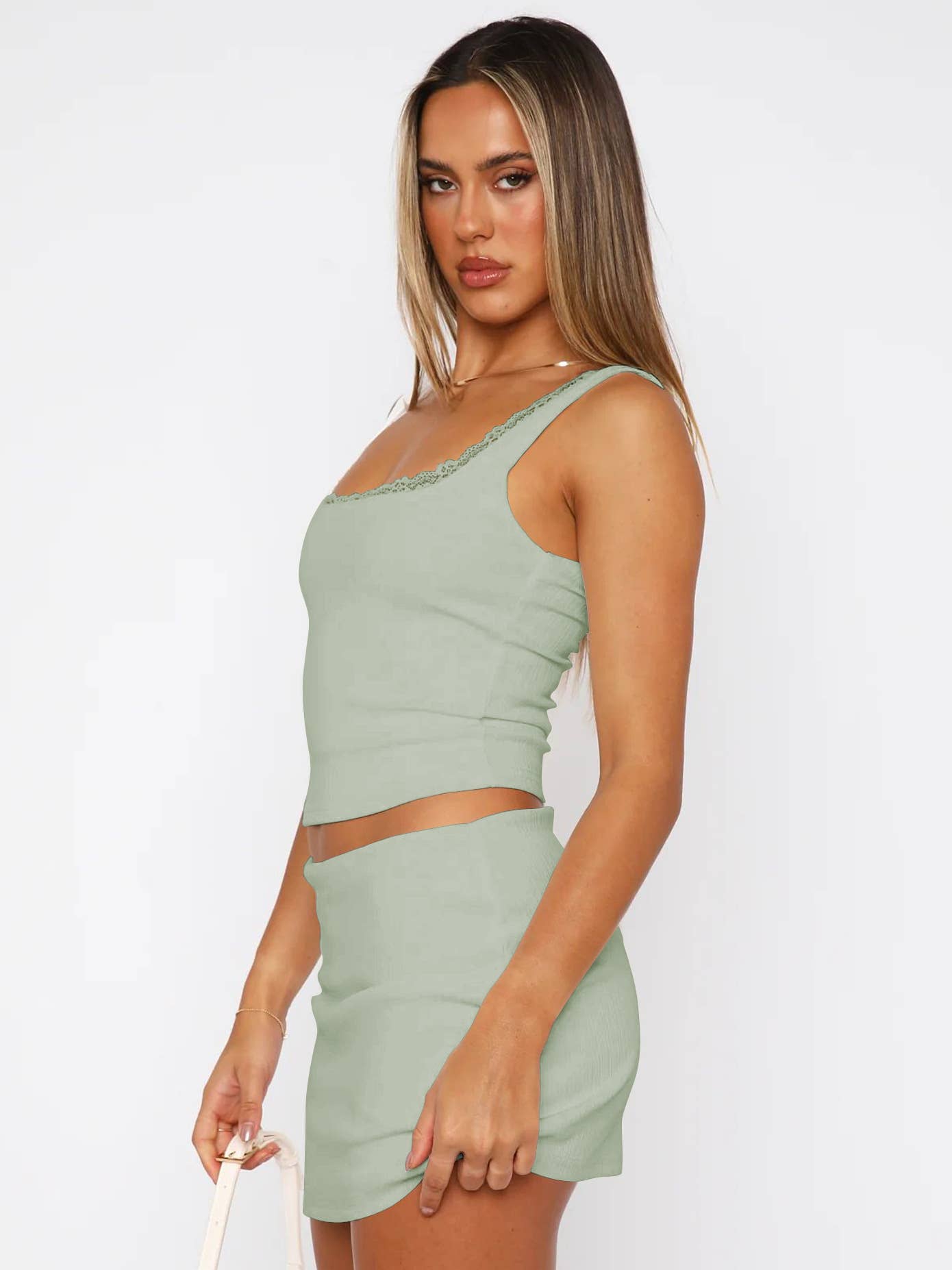 Solid color sexy lace strap square collar vest