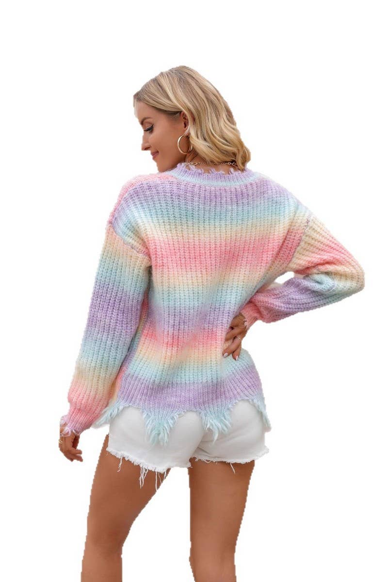 CWOSWL07606_LOOSE DISTRESSED FRINGE RAINBOW SWEATER