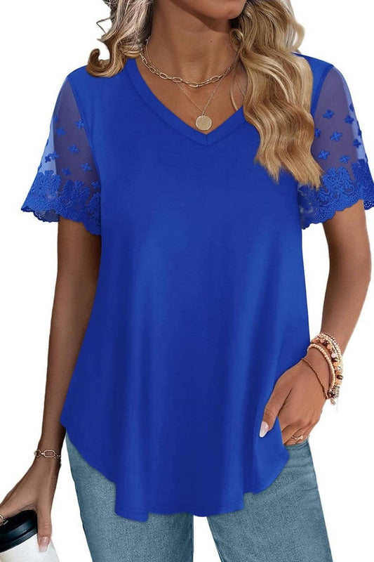 Cwtbls1431_V-Neck Lace Stitching Short-Sleeved Top