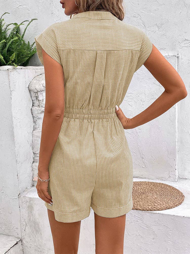 PINSTRIPE LACE-UP SHORT-SLEEVED JUMPSUIT