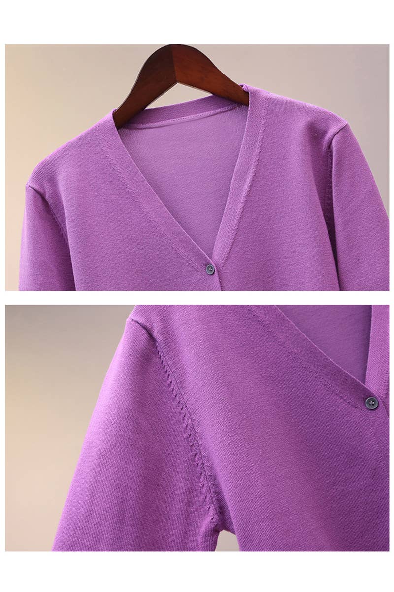 CWOCAL0333 Button Down Sleeve  V-Neck Cardigan Sweater