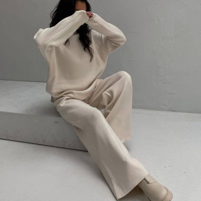 LONG SLEEVE LOOSE SWEATER KNIT TOP PANT SUIT
