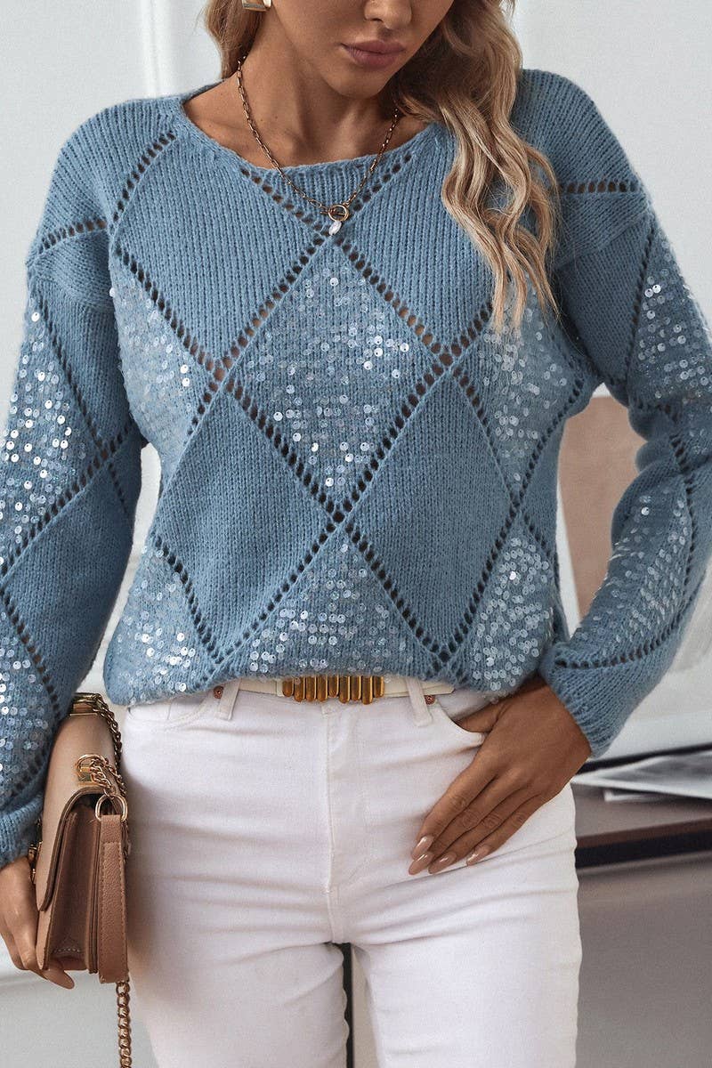CWOSWL07062_HOLLOW SEQUIN KNIT DIAMOND PULLOVER SWEATER