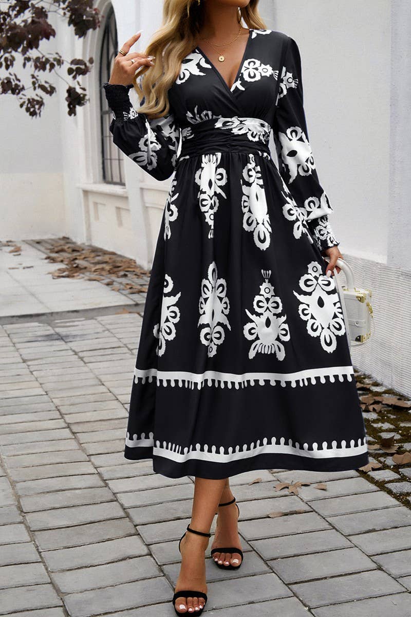 CWDMD4866_V-NECK ELEGANT CONTRAST COLOR LONG SLEEVE DRESS