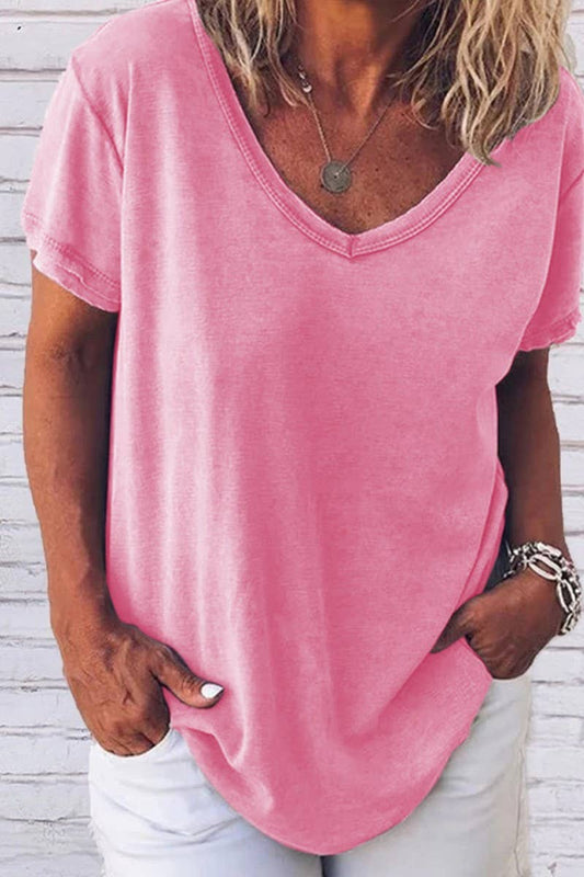 Cwtts1057_V Neck Solid Color Casual Short Sleeved T Shirt