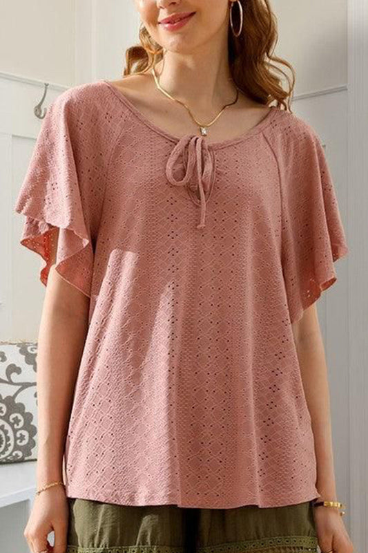 V NECK PUNCHING LACE UP RUFFLE LOOSE TOP
