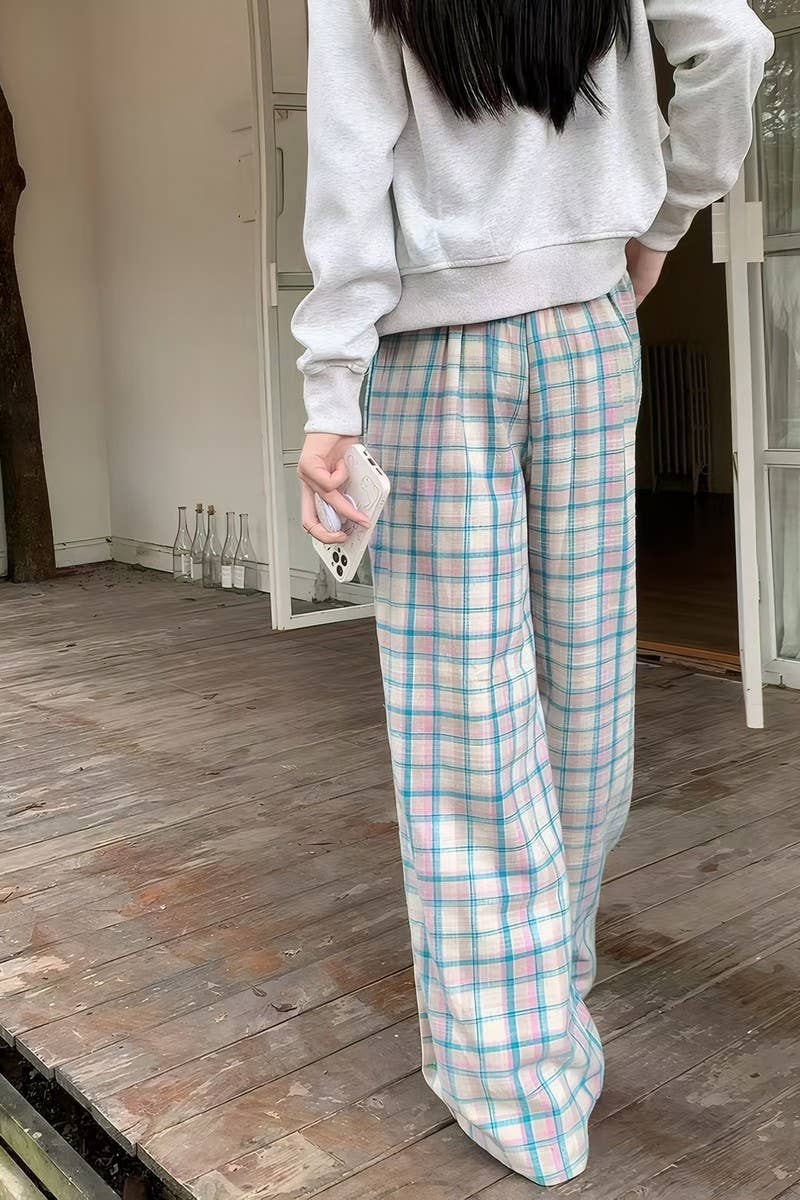 CWBLP2081_PLAID HIGH WAIST LOOSE DOPAMINE LOUNGE PANTS