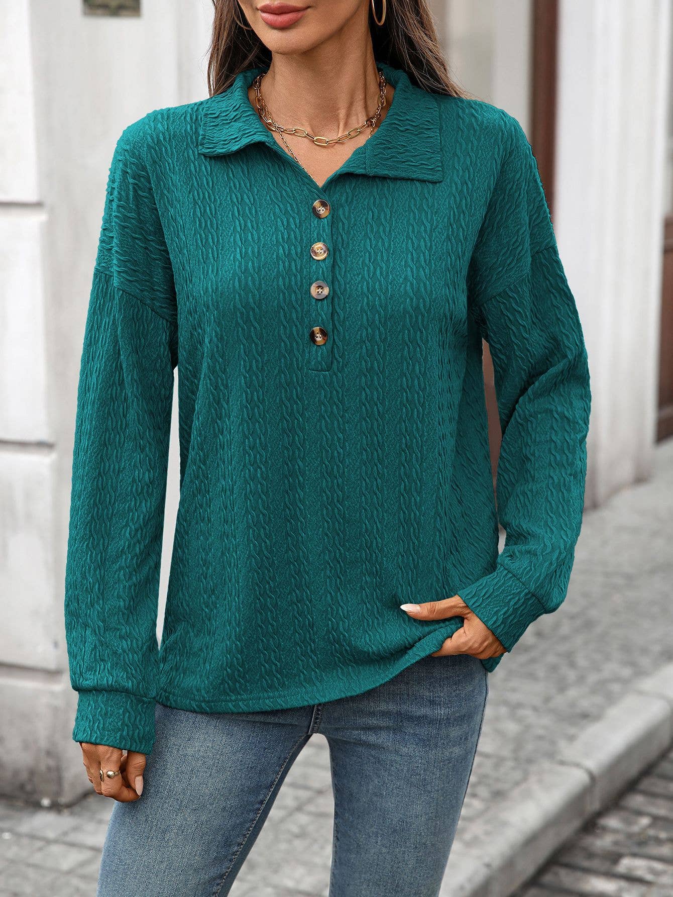 Solid-color lapel loose long-sleeved sweatshirt