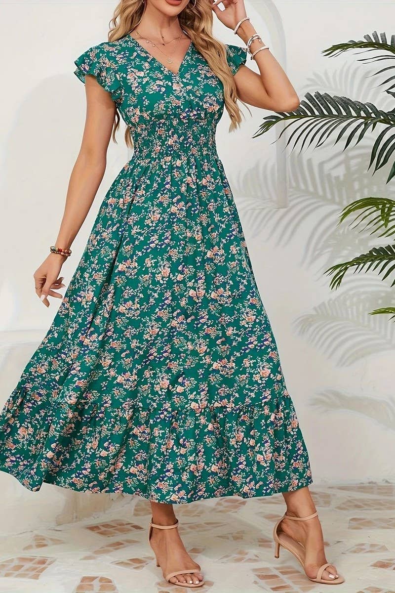 CWDMD6114_V-NECK FLORAL FRENCH STYLE SHORT SLEEVE DRESS