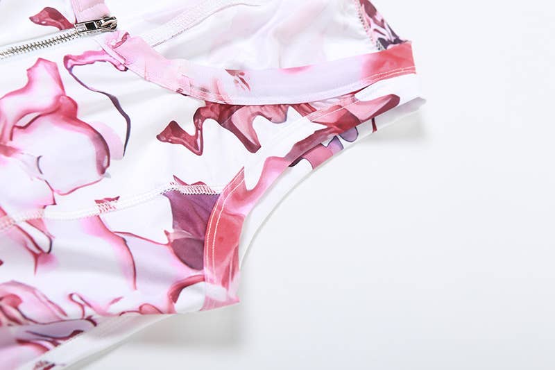 VINTAGE PRINT ZIPPER DESIGN SLEEVELESS BODYSUIT