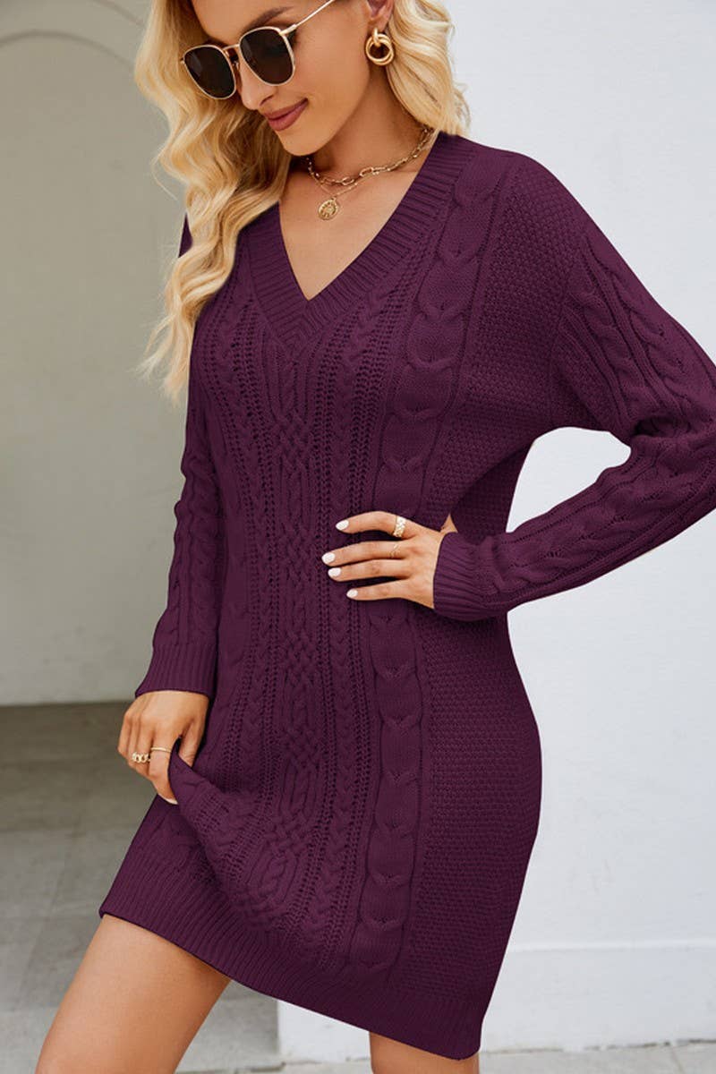CWDSD5132_SOLID COLOR V-NECK CABLE KNIT LONG SWEATER DRESS