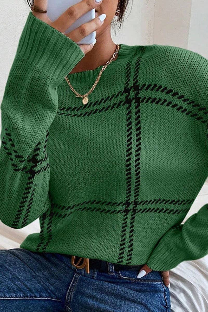 CWOSWL07350_PLAID COLORBLOCK CREWNECK KNIT SWEATER