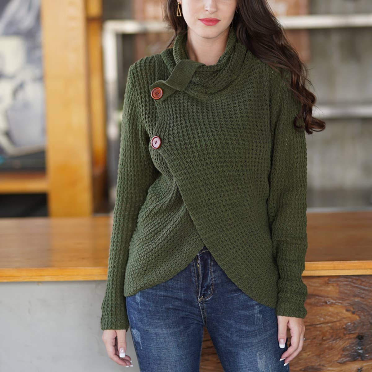 Turtleneck long-sleeved cardigan sweater