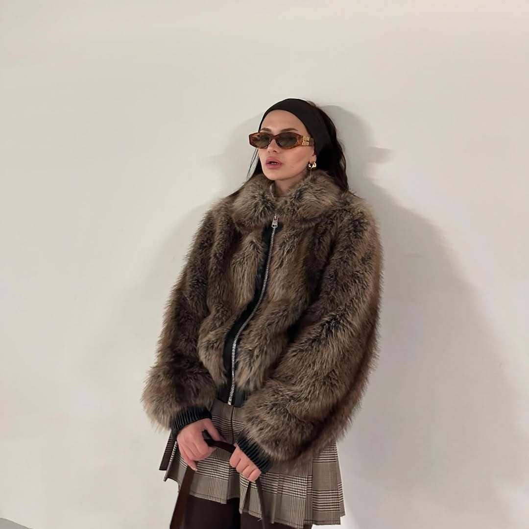 Lapel long-sleeved faux fur patchwork jacket