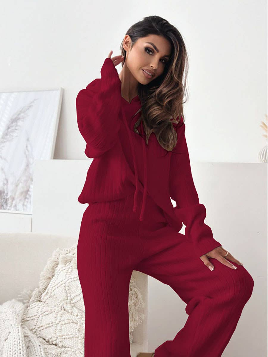 SOLID COLOR KNIT HOODED LOOSE TWO-PIECE SET