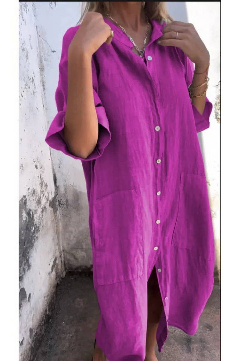 CWDMD01055_SUMMER LOOSE CASUAL MID-SLEEVE SHIRT DRESS