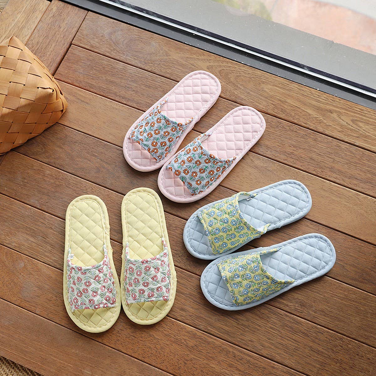 Floral Cotton Linen Slippers with Soft Sole