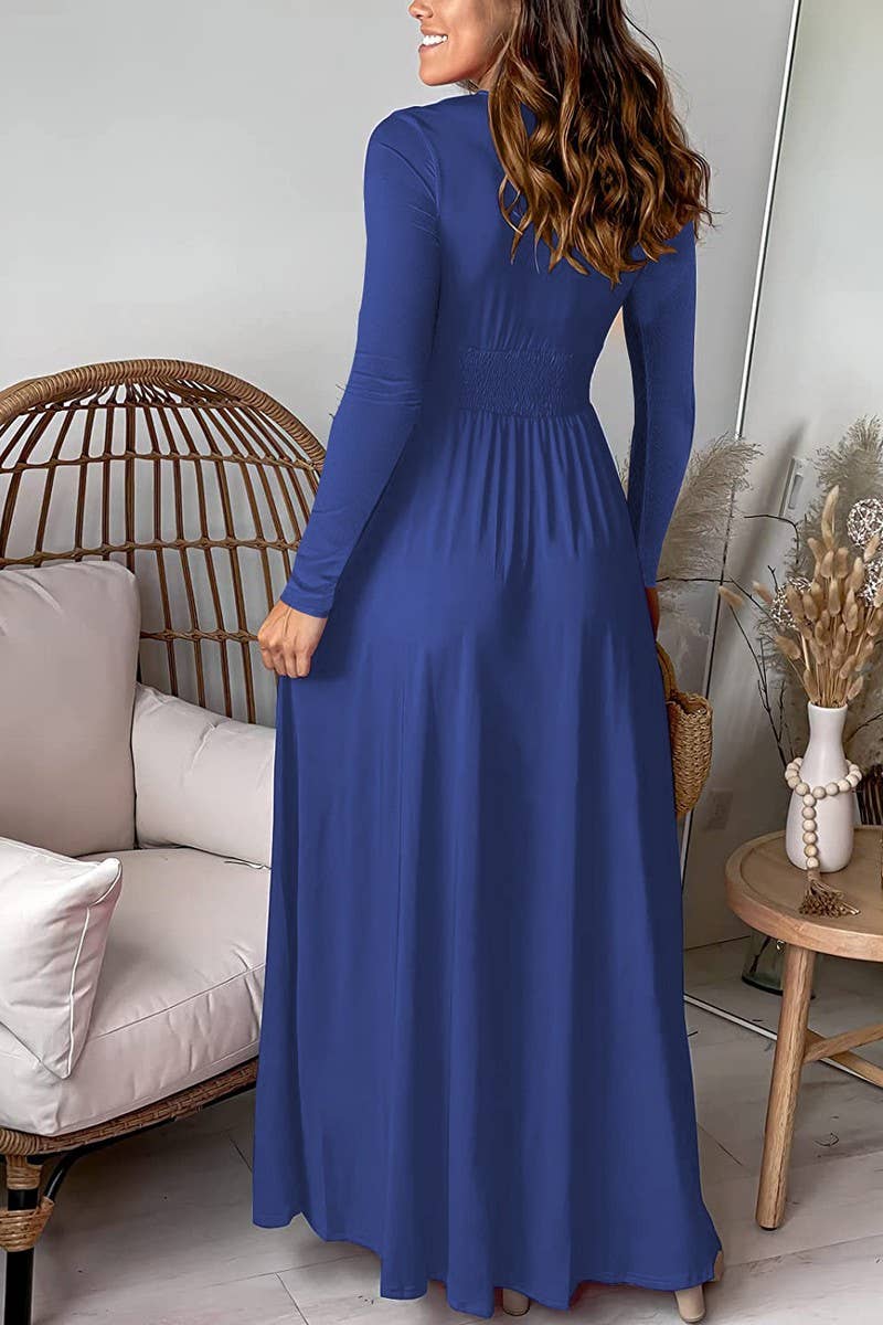 CWDMD5880_DEEP V RUCHED LONG SLEEVE SPLIT MAXI DRESS