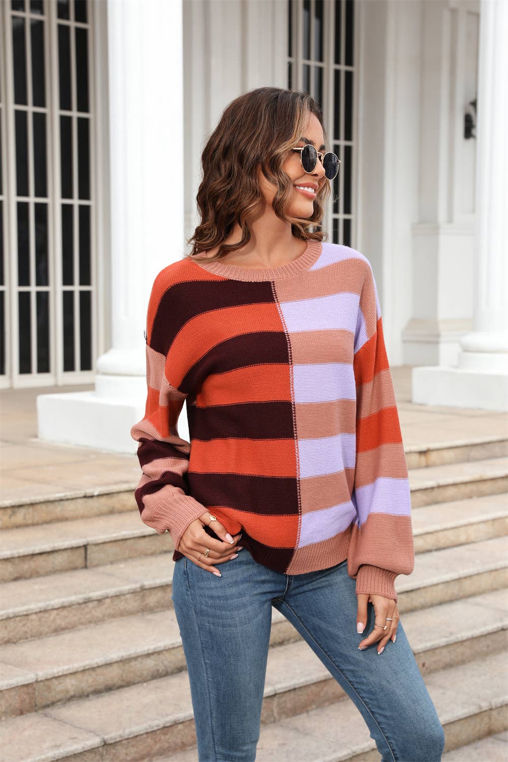 STRIPED CONTRA COLOR CREW NECK SWEATER PULLOVER