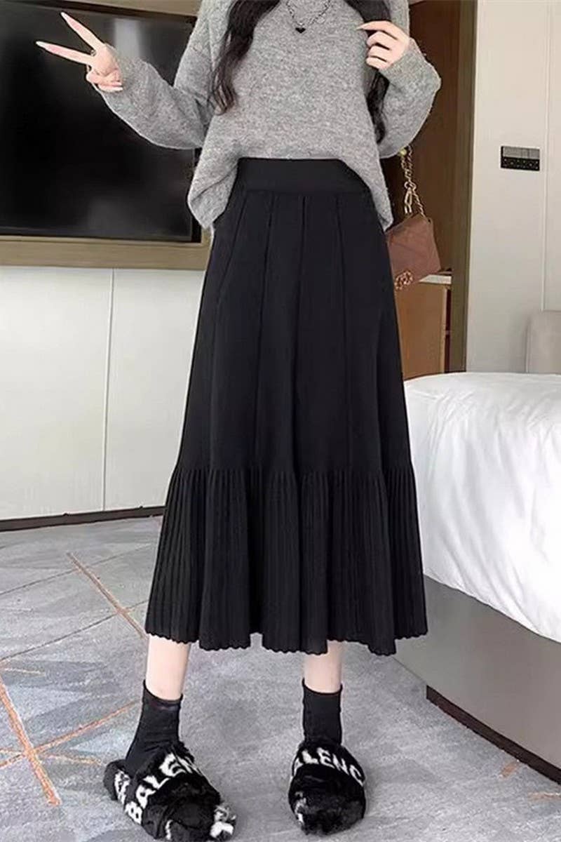 CWBLS0298_SOLID COLOR HIGH WAIST PLEATED KNITTED SKIRT