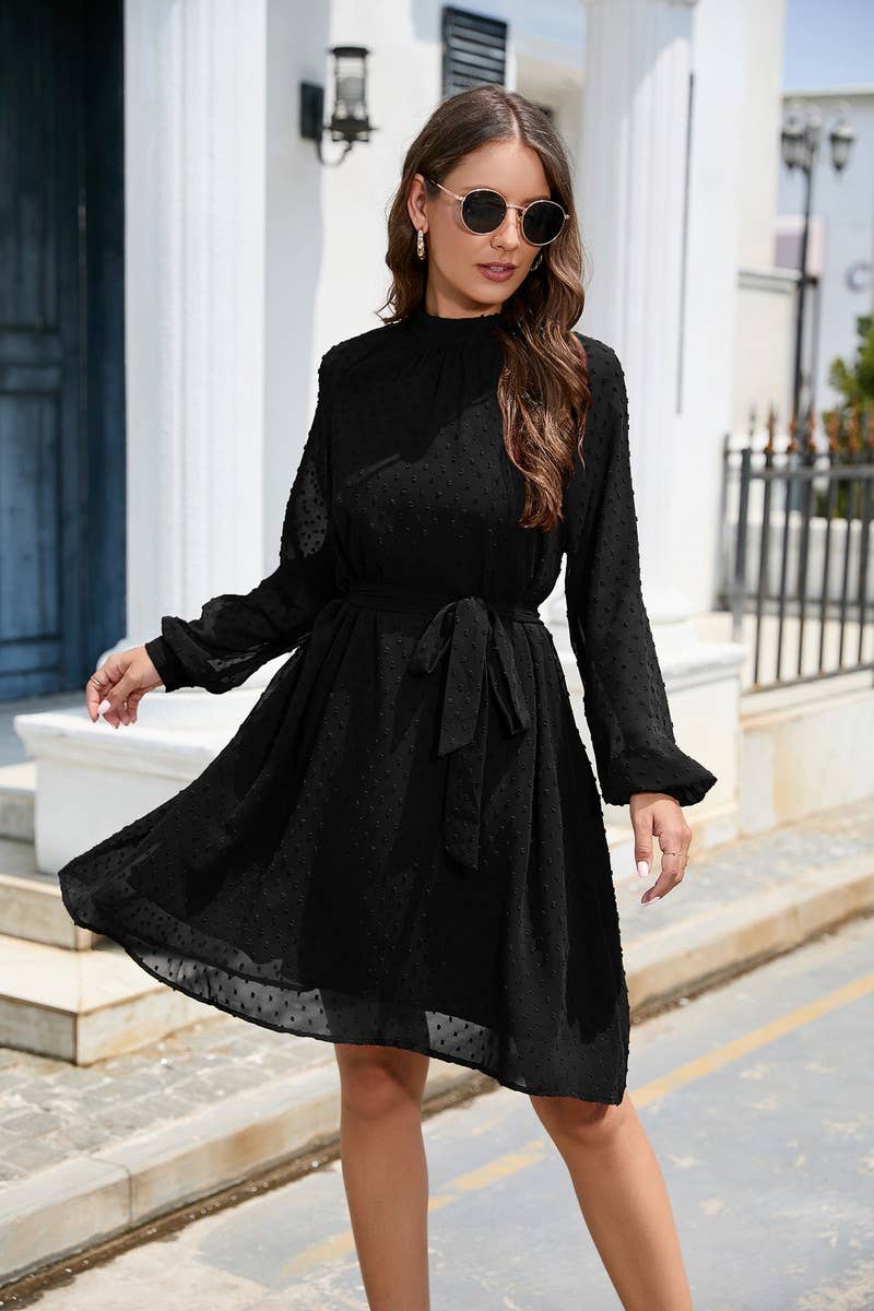 CWDSD5810_MID-NECK LONG-SLEEVED CHIFFON POMPOM BELT DRESS